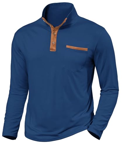 Halfword Langarm Henley-Shirts Herren T-Shirts Polo Stehkragen Langarmshirt Tasche Leichtes Golf Marineblau XXL von Halfword