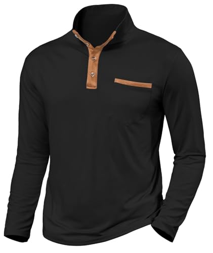 Halfword Langarm Henley-Shirts Herren T-Shirts Polo Stehkragen Langarmshirt Tasche Leichtes Golf Schwarz XXL von Halfword