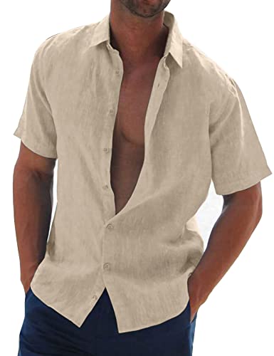 Halfword Leinenhemd Herren Kurzarm Hemd Sommer Freizeithemd Strandhemd Baumwolle Leinen Einfarbig Shirts Beige XXXL von Halfword