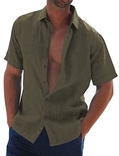 Halfword Leinenhemd Herren Kurzarm Hemd Sommer Freizeithemd Strandhemd Baumwolle Leinen Einfarbig Shirts Grün XXL von Halfword