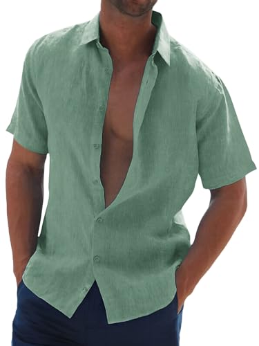 Halfword Leinenhemd Herren Kurzarm Hemd Sommer Freizeithemd Strandhemd Baumwolle Leinen Einfarbig Shirts Lichtgrün XL von Halfword