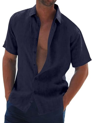 Halfword Leinenhemd Herren Kurzarm Hemd Sommer Freizeithemd Strandhemd Baumwolle Leinen Einfarbig Shirts Marineblau XL von Halfword