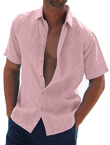 Halfword Leinenhemd Herren Kurzarm Hemd Sommer Freizeithemd Strandhemd Baumwolle Leinen Einfarbig Shirts Rosa XL von Halfword