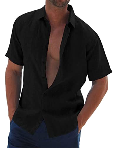 Halfword Leinenhemd Herren Kurzarm Hemd Sommer Freizeithemd Strandhemd Baumwolle Leinen Einfarbig Shirts Schwarz M von Halfword