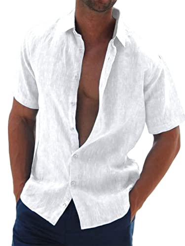 Halfword Leinenhemd Herren Kurzarm Hemd Sommer Freizeithemd Strandhemd Baumwolle Leinen Einfarbig Shirts Weiß XXXXL von Halfword