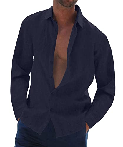 Halfword Leinenhemd Herren Langarm Sommer Freizeithemd Baumwolle Leinen Einfarbig Musselin Shirt Strand Oberteile Marineblau XL von Halfword