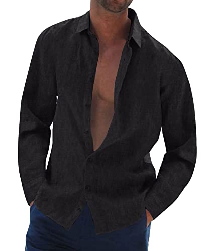 Halfword Leinenhemd Herren Langarm Sommer Freizeithemd Baumwolle Leinen Einfarbig Musselin Shirt Strand Oberteile Schwarz XXXXL von Halfword