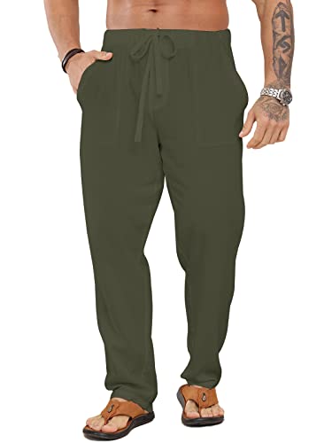 Halfword Leinenhose Herren Hose Lang Freizeithose Sommer Strandhose Leichte Tasche Kordelzug Urlaub Grün XXL von Halfword