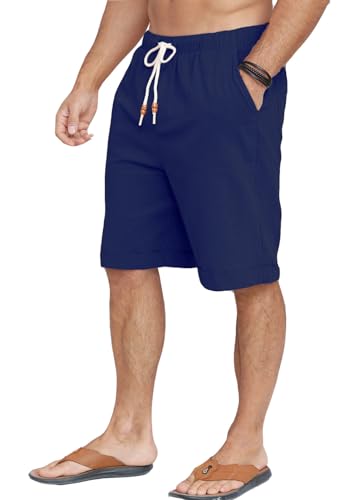 Halfword Leinenhose Herren Kurz Leinen Shorts Kordelzug Strand Freizeithose Leichte Urlaub Sommer Marineblau XL von Halfword