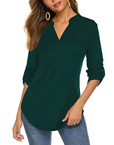 Halife Damen Roll-Up 3/4 Ärmel Blumendruck V-Ausschnitt Tunika Blusen Tops Shirts, C-Dark Cyan, X-Large von Halife