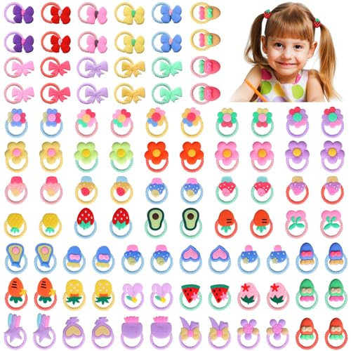 Halinuia 100 Stück 50 Stile Haargummis Mädchen Baby Haarklammer Kind Elastische Zopfgummis Zopfhalter Mädchen Niedliche Karikatur Elastische Haarbänder Schnüre Mit Blumen Bogen Früchte Tier Eiscreme von Halinuia