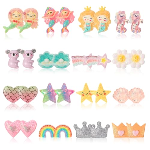 Halinuia 16 Paar Glitzer Clip Ohrringe Kinder | Klipp Ohrringe Mädchen | Ohrklipser Kinder Ohne Ohrloch | Magnet Ohrringes Harz Ohrclips Schmuck Geschenke für Mädchen Kleinkind Party Favor von Halinuia