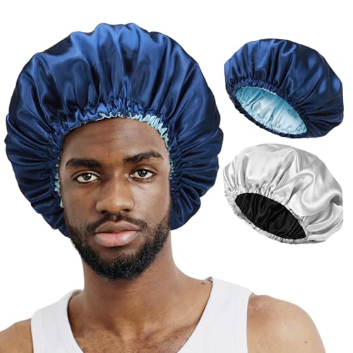 Halinuia 2 Stück Satin Bonnet für Herren und Damen Wendbare Doppellagige Bonnet Sleep Cap Rutschfestem Schlafhaube Verstellbarem Haar Haube zum Schlafen Elastisch Bonnet Satin für Haarzöpfe von Halinuia