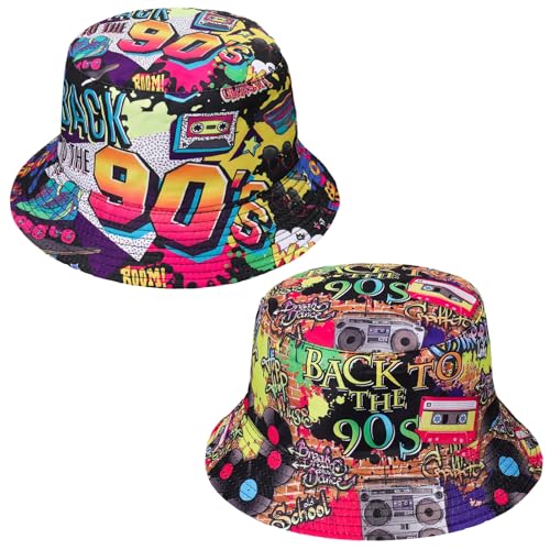 Halinuia 2 Stücke Retro 90er Fischerhüte Hip Hop Bucket Hat Rock Scrawl Fischerhut Modische Bucket Hat Anglerhut Sonnenhut Faltbar 90er Style Unisex Fishing Hut für Frauen Männer von Halinuia