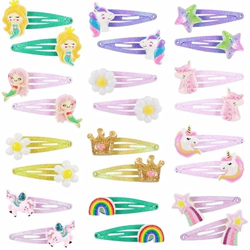 Halinuia 24 Stück 12 Stile Einhorn Haarspangen Mädchen Glitzer Einhorn Haarreif Kinder Spangen Meerjungfrau Haarclips Blumen für Kinder Teenager Babys Geburtstagsfeier Geschenk von Halinuia