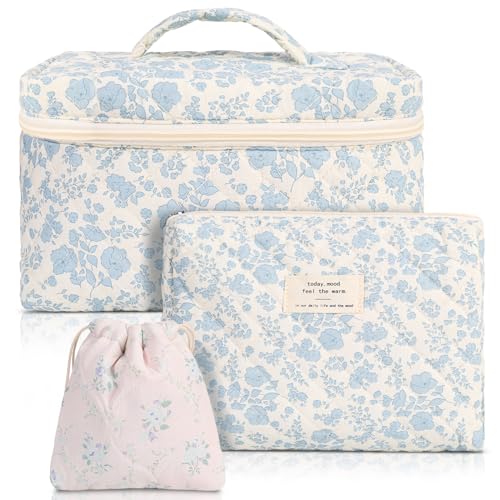 Halinuia 3 Stück Reise Kosmetiktasche, Gesteppte Kulturtasche Set Damen mit Blumenmuster Groß Tragbare Kapazität Make up Bag Aesthetic Blumen Makeup Tasche für Frauen Mädchen Kinder(Blau) von Halinuia