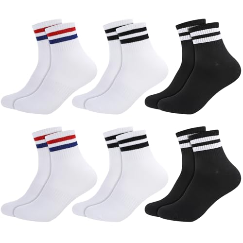 Halinuia 6 Paar Tennissocken Damen Herren, Weiße Sportsocken Baumwolle, Atmungsaktive Crew Socken, Retro Striped Socken mit Verstärkter Ferse & Fußspitze, Unisex Freizeitsocken 38-42 von Halinuia
