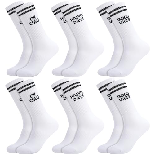 Halinuia 6 Paar Socken Herren Damen 39-44, Baumwolle Sportsocken Weiße, Statement Tennissocken mit Motiv Streifen und Spruch, Atmungsaktive Crew Socks für Geburtstagsgeschenk von Halinuia