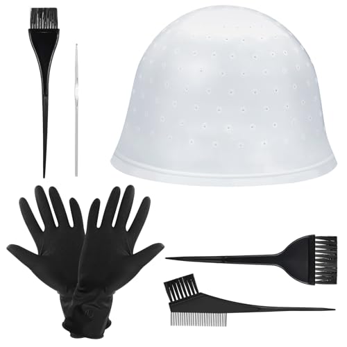 Halinuia 7 Stück Vorgebohrte Strähnchenhaube Haarfärbeset Strähnenhaube Silikon mit Löchern Färben Hervorhebung Haare Färben Zubehör mit Haarhaken Färbebürste Handschuhe für Frauen Mädchen von Halinuia