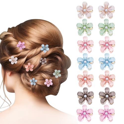 Halinuia 14 Stück Blumen Haarschmuck - 7 Farben Pearl Haarspangen, Mini Damen Haarklammer Klein Flower Hair Clip für Alltag Party Hochzeit Foto Dünnes Haar von Halinuia