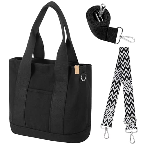 Halinuia Handtasche Canvas Tasche Damen, Tote Bag, Umhängetasche Damen Schultertasche Mode Tote Tasche mit Vielen Fächern Austauschbar Gurt für Umhängetasche für Schule Arbeit Alltag Lässige(Schwarz) von Halinuia