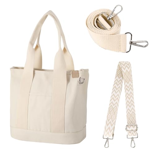 Halinuia Handtasche Canvas Tasche Damen, Tote Bag, Umhängetasche Damen Schultertasche Mode Tote Tasche mit Vielen Fächern Austauschbar Gurt für Umhängetasche für Schule Arbeit Alltag Lässige(Weiß) von Halinuia