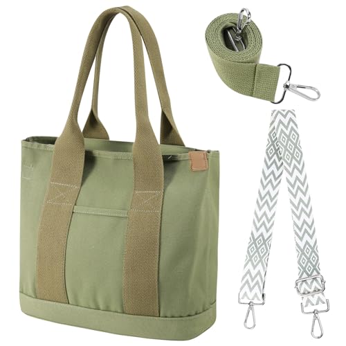 Halinuia Handtasche Canvas Tasche Damen, Tote Bag, Umhängetasche Damen Schultertasche Mode Tote Tasche mit Vielen Fächern Austauschbar Gurt für Umhängetasche für Schule Arbeit Alltag Lässige(Grün) von Halinuia