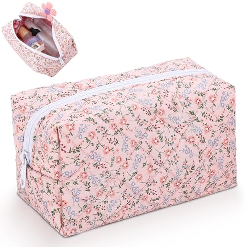 Halinuia Kosmetiktasche mit Blumenmuster Gesteppte Großem Fassungsvermögen Reise Kosmetiktasche Aesthetic Kulturbeutel Damen Make up Tasche Rosa Waschtasche für Kinder Mädchen Damen von Halinuia