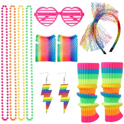 Halinuia Kostüm 80er 90er Jahre Damen Abendoutfit Disco Neon 90er Jahre Halloween Kostüm Karneval Zubehör Halsketten Brille Beinwärmer Stirnband Handschuhe aus Netz Ohrringe, Rosa, One size von Halinuia
