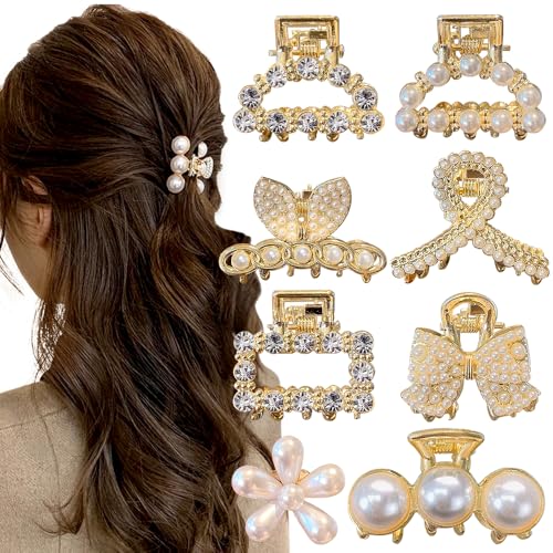 8 Stücke Perlen Haarspange Gold Haarklammer Klein Hair Clips for Women Haarklammer Metall Haarklammern Claw Clip Hair Accessories Haarclips Haarklemmen Haarspangen Damen Dünnes Haar Accessoire von Hallaway