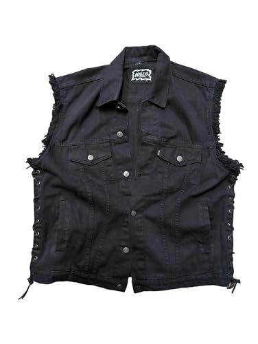 H15 Herren Denim Kutte Schwarz Schnürung Fransen Jeanskutte Bikerkutte Metalkutte bis 3XL Plus Kindergrößen ! (DE/NL/SE/PL, Alphanumerisch, XXL, Regular, Regular, schwarz) von Halle 15