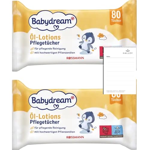 Babydream Öl-Lotionen Pflegetücher 2er Pack (160 Stk), Hypoallergene, sanfte & pflegende Reinigung mit Rosmarin-Extrakt & - Ohne Parfüm - Dermatologisch Getestet + Halley Bedding Notiz Set von Halley Bedding