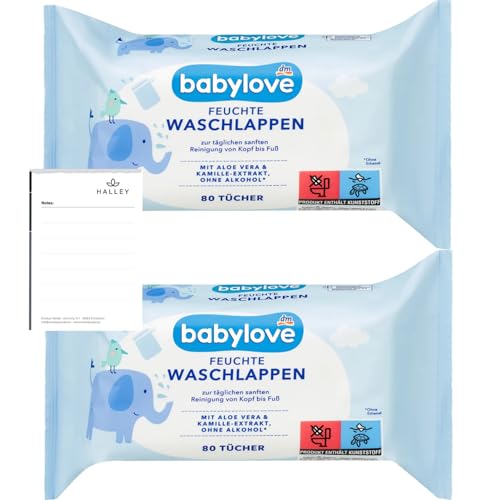 Babylove Feuchte Waschlappen - Sanfte Reinigung mit Aloe Vera & Kamille, für empfindliche Babyhaut & Erwachsene, 2 x 80 Stück + Halley Bedding Notizblock Set von Halley Bedding