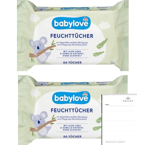 Babylove Feuchttücher mit Aloe Vera&Kamille, 2x80 Stück – Sanfte Pflegetücher für empfindliche Babyhaut, pH-hautneutral, ohne Alkohol, ideal für Windelbereich, Gesicht&Hände +Halley Bedding Notiz Set von Halley Bedding