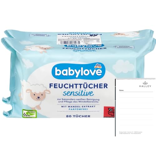 Babylove Feuchttücher sensitive 160 Tücher, Ohne Alkohol, Ohne Parfum, Vegan, pH-hautneutral (2x80St) + Halley Bedding Notizblock Set von Halley Bedding