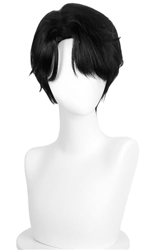 Hallojojo Jinu Cosplay Perücken Herren 30CM Schwarz Kurze Haare Kostümperücke Verkleidung Dämon Jäger Sajaboys Jinu Halloween Karneval Party Maskenball Kostüm Zubehör Anime Wig von Hallojojo