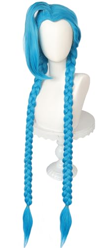 Hallojojo Jinx Cosplay Perücken Damen Blau 110CM Lang Doppelter Pferdeschwanz Zopf Perücke mit Pony Verkleidung Game Jinx Halloween Karneval Party Maskenball Kostüm Zubehör Anime Wig von Hallojojo