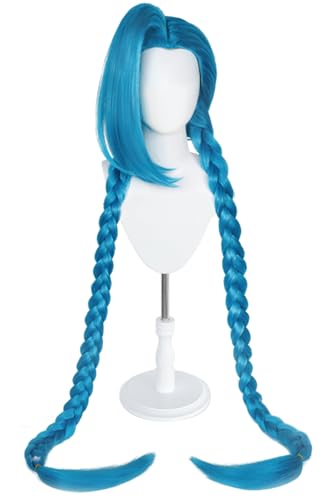 Hallojojo Jinx Cosplay Perücken Damen Dunkelblau 110CM Lang Doppelter Pferdeschwanz Zopf Perücke mit Pony Verkleidung Game Jinx Halloween Karneval Party Maskenball Kostüm Zubehör Anime Wig von Hallojojo