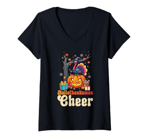 Damen Happy Hallothanksmas Halloween Thanksgiving Weihnachten T-Shirt mit V-Ausschnitt Damen Happy Hallothanksmas Halloween Thanksgiving Weihnachten T-Shirt mit V-Ausschnitt von Hallothanksmas Halloween Thanksgiving Christmas