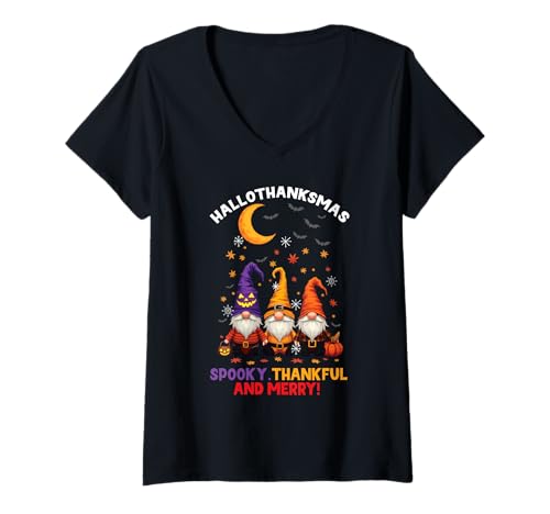 Damen Happy Hallothanksmas Halloween Thanksgiving Weihnachten T-Shirt mit V-Ausschnitt Damen Happy Hallothanksmas Halloween Thanksgiving Weihnachten T-Shirt mit V-Ausschnitt von Hallothanksmas Halloween Thanksgiving Christmas