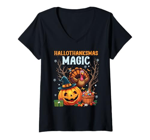 Damen Happy Hallothanksmas Halloween Thanksgiving Weihnachten T-Shirt mit V-Ausschnitt Damen Happy Hallothanksmas Halloween Thanksgiving Weihnachten T-Shirt mit V-Ausschnitt von Hallothanksmas Halloween Thanksgiving Christmas