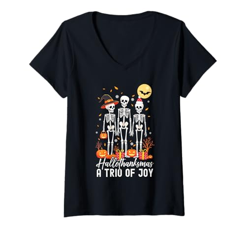 Damen Happy Hallothanksmas Halloween Thanksgiving Weihnachten T-Shirt mit V-Ausschnitt Damen Happy Hallothanksmas Halloween Thanksgiving Weihnachten T-Shirt mit V-Ausschnitt von Hallothanksmas Halloween Thanksgiving Christmas
