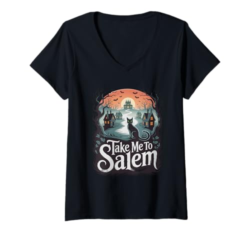 Damen Schwarze Katze Geist Hexe Halloween Männer Frauen Kinder T-Shirt mit V-Ausschnitt von Halloween, Haunted House
