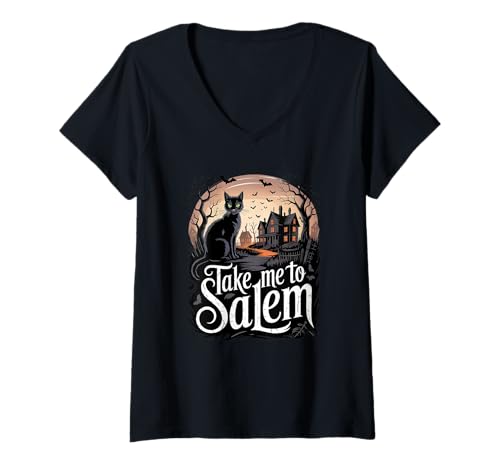 Damen Schwarze Katze Geist Hexe Halloween Männer Frauen Kinder T-Shirt mit V-Ausschnitt Damen Schwarze Katze Geist Hexe Halloween Männer Frauen Kinder T-Shirt mit V-Ausschnitt von Halloween, Haunted House