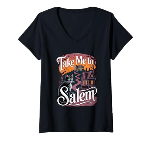 Damen Schwarze Katze Halloween Design Haus Kunst T-Shirt mit V-Ausschnitt von Halloween, Haunted House
