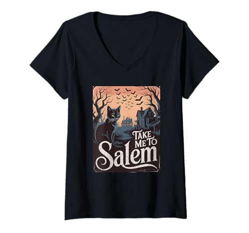 Damen Schwarze Katze Halloween Design Haus Kunst T-Shirt mit V-Ausschnitt Damen Schwarze Katze Halloween Design Haus Kunst T-Shirt mit V-Ausschnitt von Halloween, Haunted House