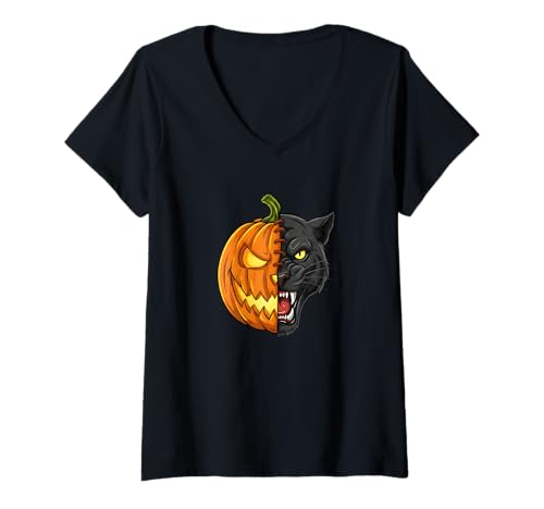 Damen Gruseliger Panther Kürbis Halloween Hybrid Design T-Shirt mit V-Ausschnitt Damen Gruseliger Panther Kürbis Halloween Hybrid Design T-Shirt mit V-Ausschnitt von Halloween, Panther, Pumpkin