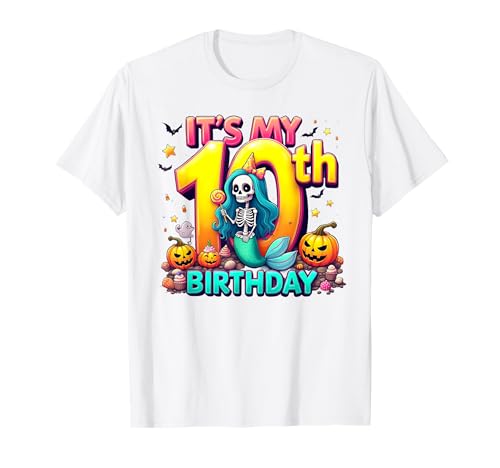 Kids It's My 10th Birthday Girl Halloween Mermaid Skeleton T-Shirt Kids It's My 10th Birthday Girl Halloween Mermaid Skeleton T-Shirt von Halloween 10th Birthday Girl Mermaid Costume