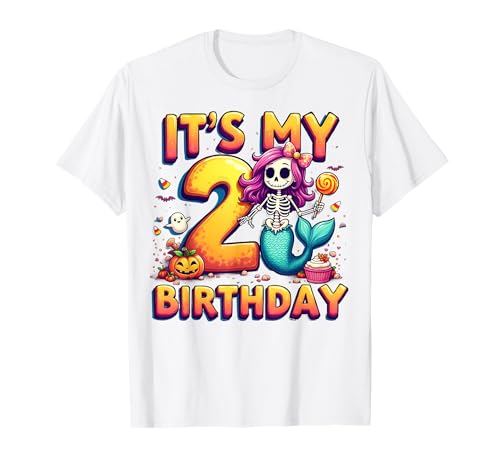 Kids It's My 2nd Birthday Girl Halloween Mermaid Skeleton T-Shirt von Halloween 2nd Birthday Girl Mermaid Costume