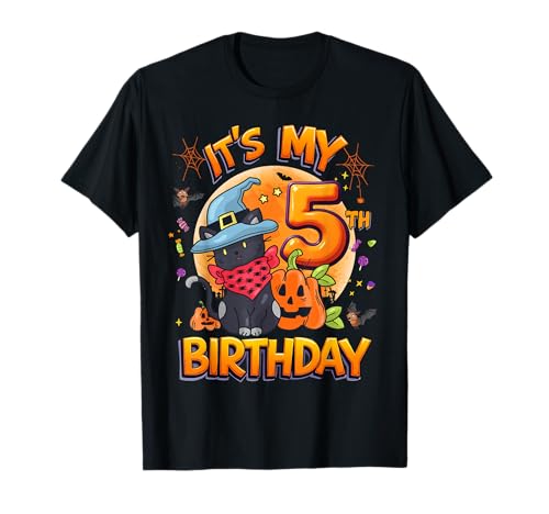 Kids It's My 5th Birthday Girl Cat Halloween 5 Years Old T-Shirt von Halloween 5th Birthday Girl Witch Cat Costume